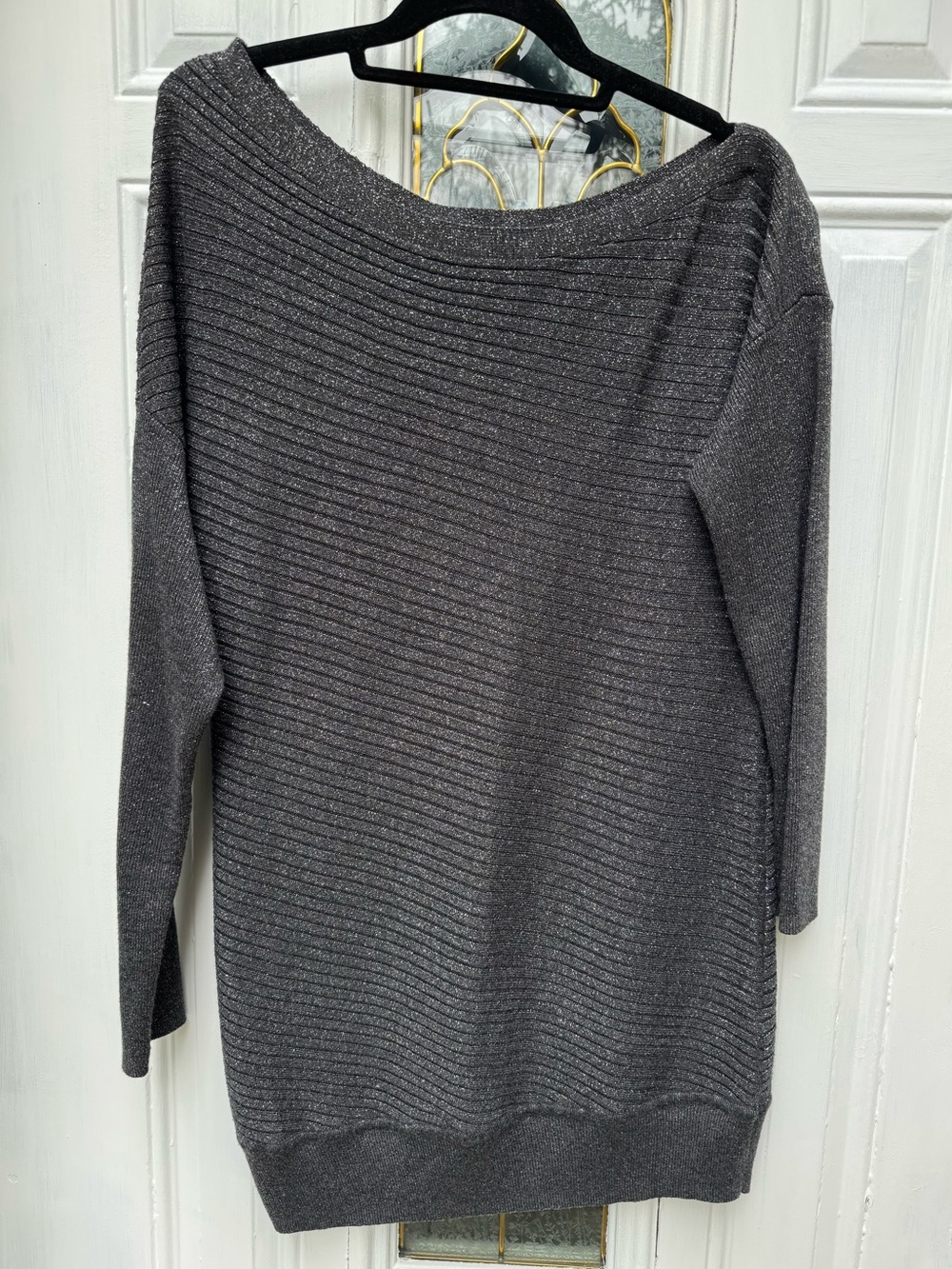 White House Black Market Asymmetrical Tunic Sweater Charcoal Black Metallic sz S
